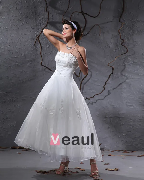 Elegante Taft Garen Applique Kralen Strapless Enkellange Korte Bruidsjurken Trouwjurken