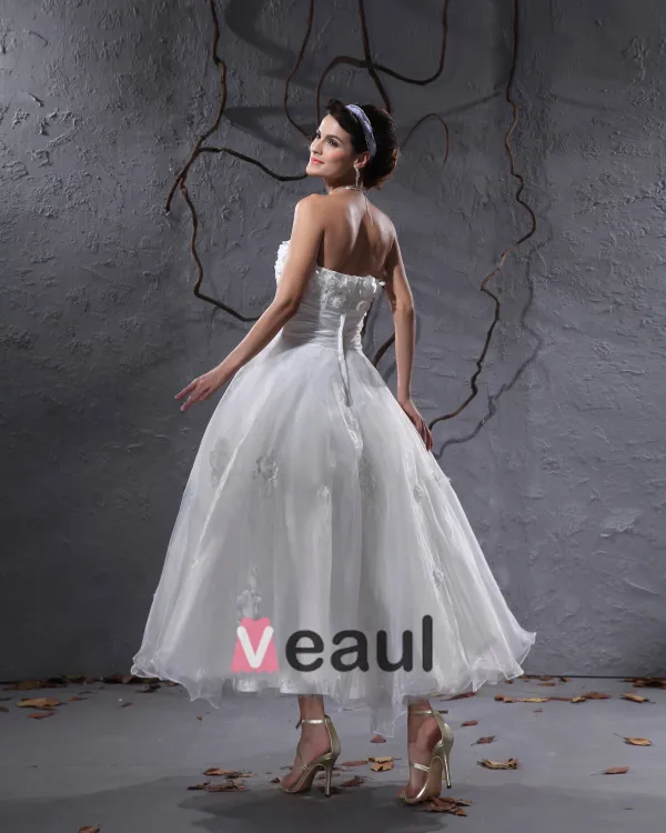 Elegante Taft Garen Applique Kralen Strapless Enkellange Korte Bruidsjurken Trouwjurken