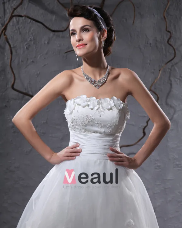 Elegant Taffeta Yarn Applique Beaded Strapless Ankle Length Short Mini Wedding Dress