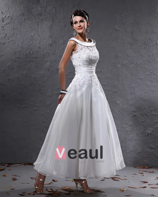 Elegante Garen Charmeuse Kralen Ronde Hals Mini Korte Bruidsjurken Trouwjurken