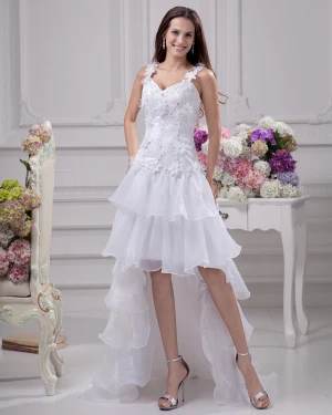 Mode Applique Perles Longueur De Plancher De Courroie De Spaghetti Satin Organza Dentelle Asymetrique Mini Robe A Faible Teneur Mariage