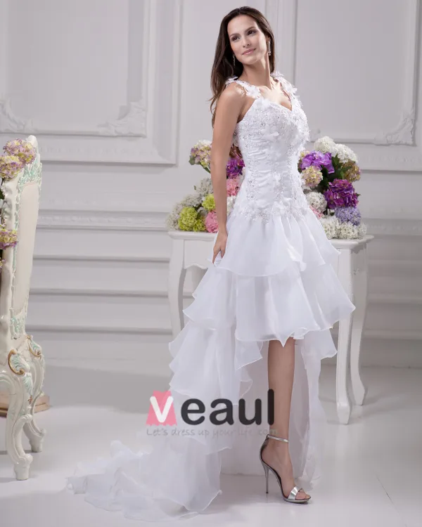 Fashion Applique Beading Floor Length Spaghetti Strap Satin Organza Lace Asymmetric Mini High Low Wedding Dress
