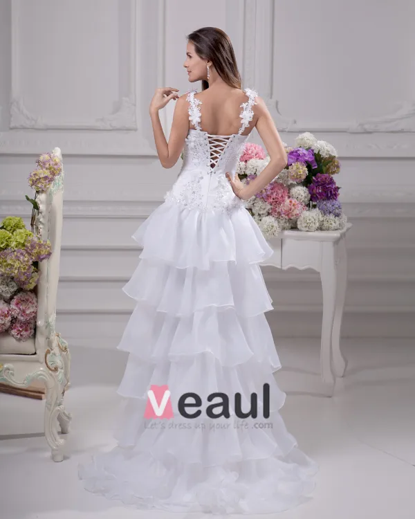 Fashion Applique Beading Floor Length Spaghetti Strap Satin Organza Lace Asymmetric Mini High Low Wedding Dress