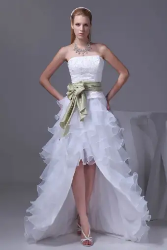 Fashion Lace Satin Organza Silk Bowknot Strapless Asymmetrical Short Mini Wedding Dresses