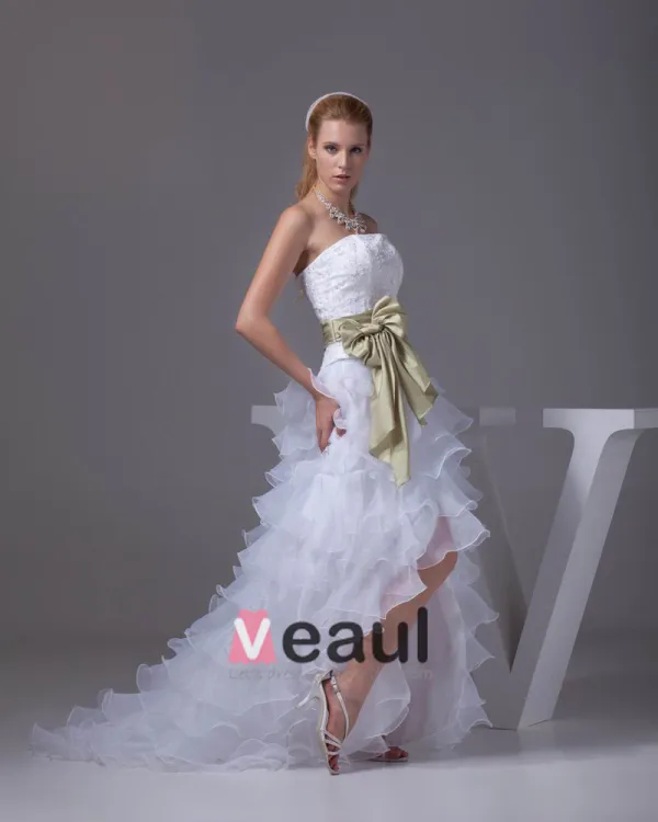 Fashion Lace Satin Organza Silk Bowknot Strapless Asymmetrical Short Mini Wedding Dresses