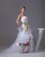 Fashion Lace Satin Organza Silk Bowknot Strapless Asymmetrical Short Mini Wedding Dresses