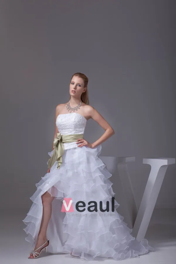 Fashion Lace Satin Organza Silk Bowknot Strapless Asymmetrical Short Mini Wedding Dresses