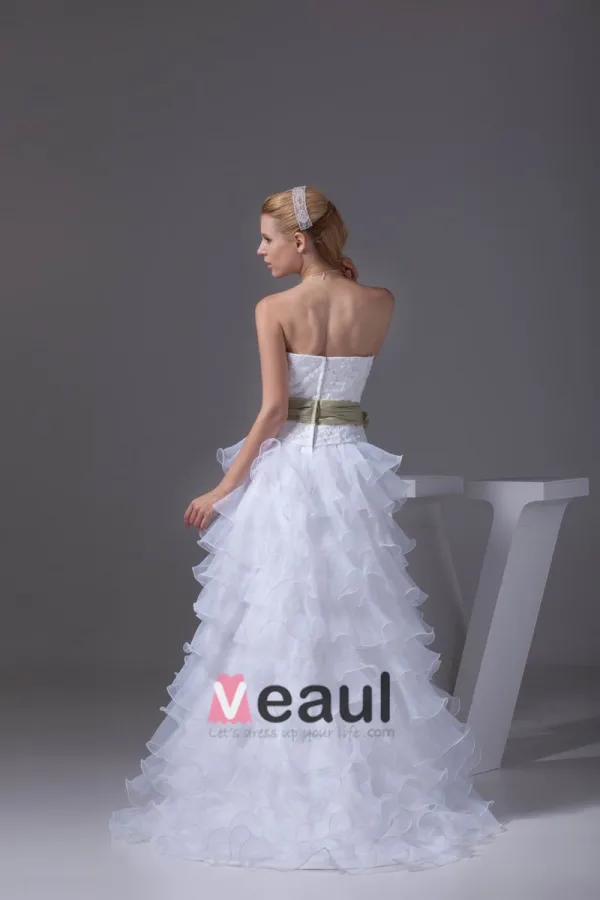 Fashion Lace Satin Organza Silk Bowknot Strapless Asymmetrical Short Mini Wedding Dresses