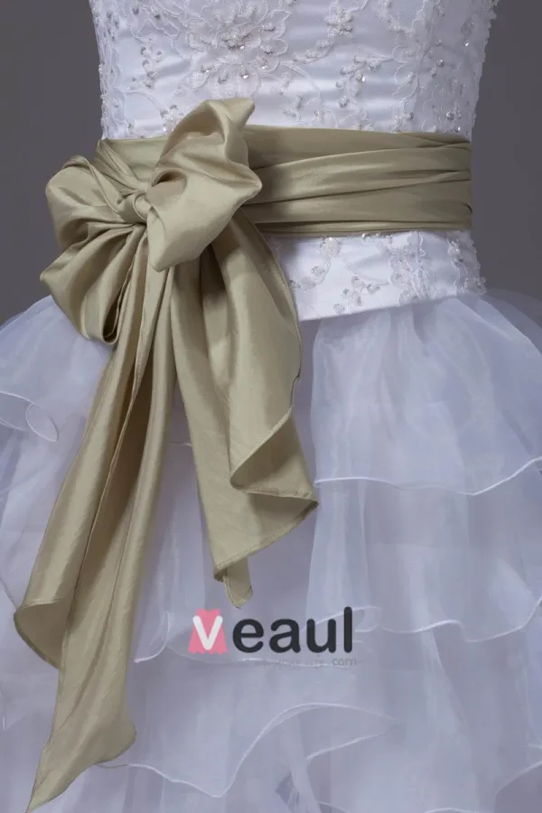 Fashion Lace Satin Organza Silk Bowknot Strapless Asymmetrical Short Mini Wedding Dresses