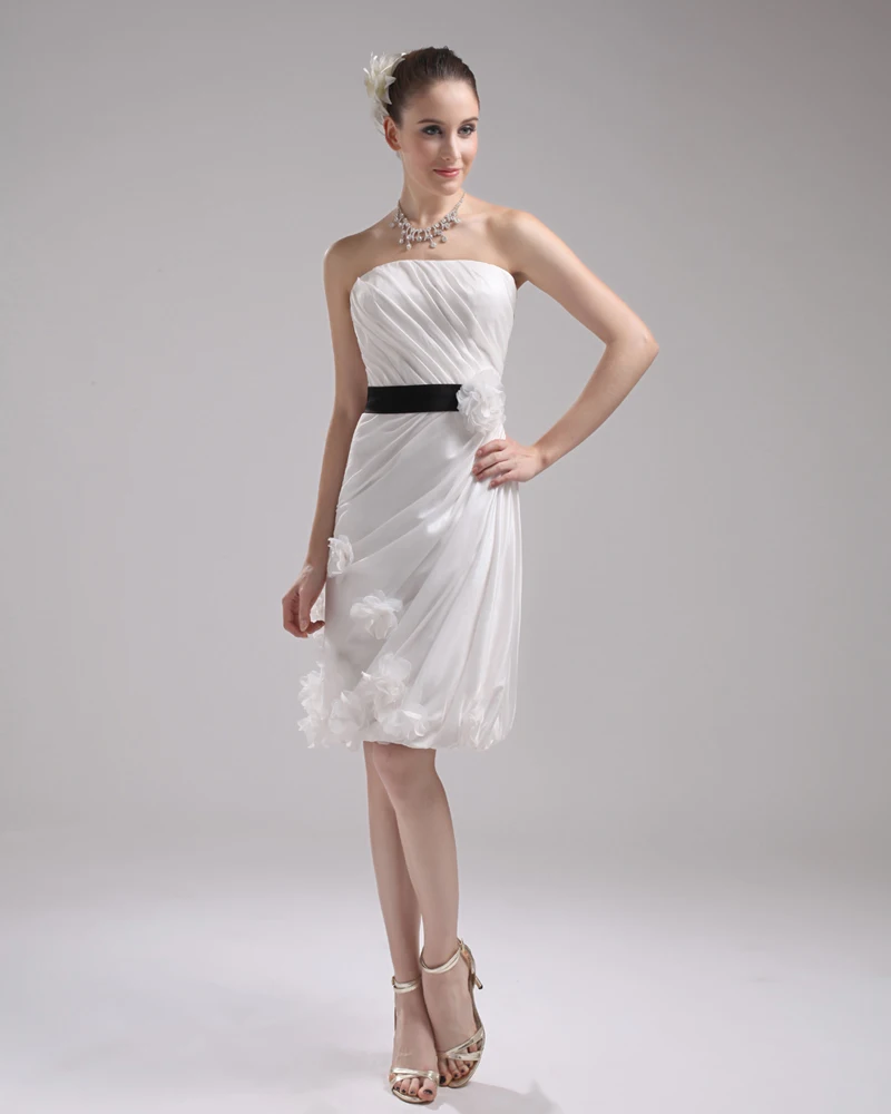 Mote Taffeta Satin Plissert Stroppelos Knelang Mini Brudekjoler Bryllupskjoler