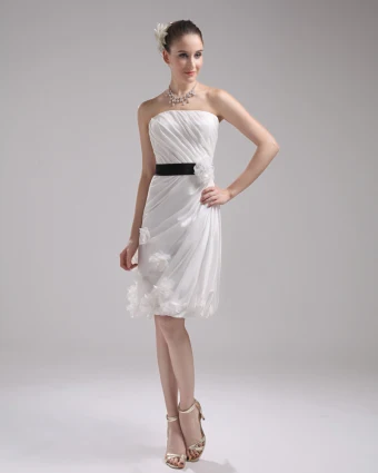Mode De Satin De Taffetas Plisse Mini Robe De Mariage De Longueur Genou Bretelles