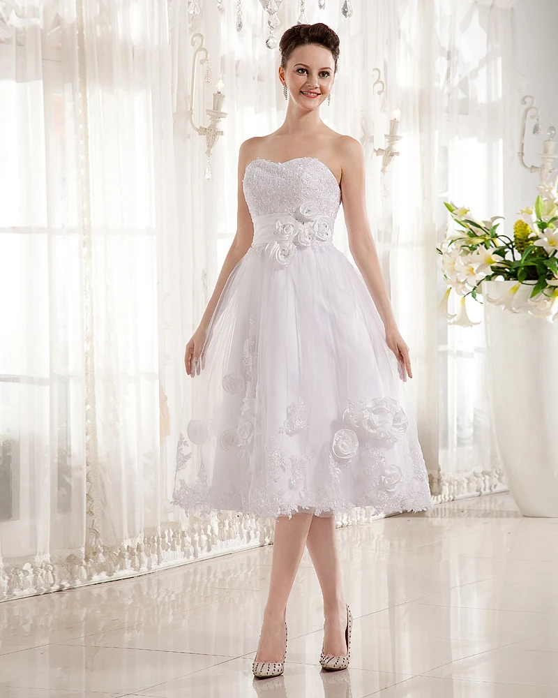 Blomster Applikasjon Tyll Charmeuse Ermelose Kjaereste Korte Brudekjoler Bryllupskjoler