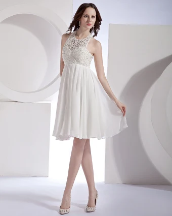 Hollow Out Organza Chiffon Lace Halter Mini Bridal Gown Wedding Dress