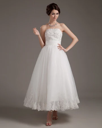 Lace Applique Satin Yarn Strapless Short Mini Wedding Dresses