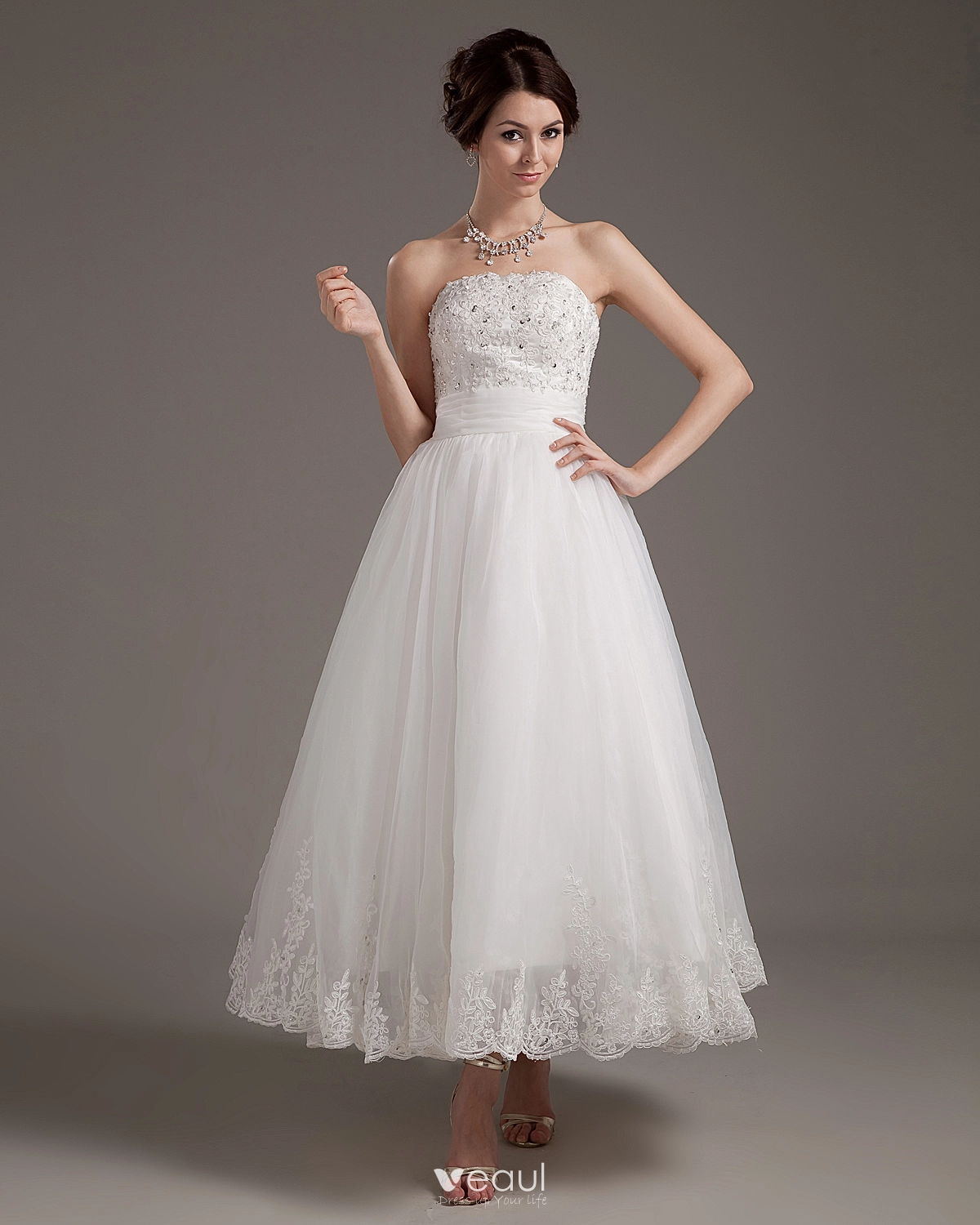 Lace Applique Satin Yarn Strapless Short Mini Wedding Dresses