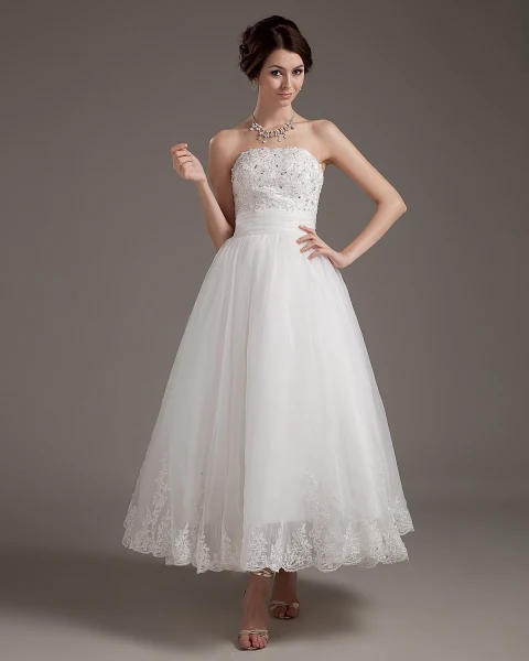 Lace Applique Satin Yarn Strapless Short Mini Wedding Dresses