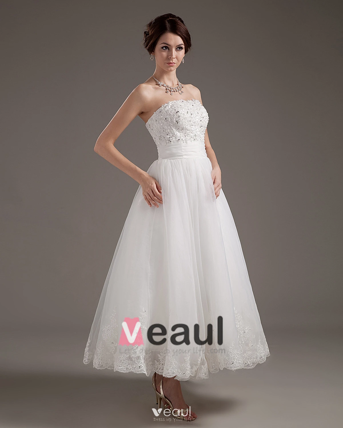 Lace Applique Satin Yarn Strapless Short Mini Wedding Dresses Lace Applique Satin Yarn Strapless Short Mini Wedding Dresses