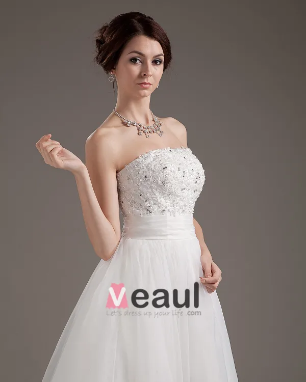 Lace Applique Satin Yarn Strapless Short Mini Wedding Dresses
