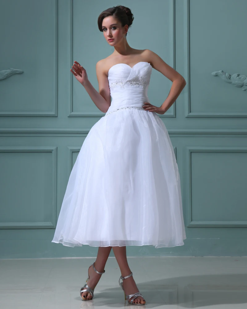 Ruffles Satin Tyll Beading Ermelos Ruffles Kjaereste Korte Mini Brudekjoler Bryllupskjoler