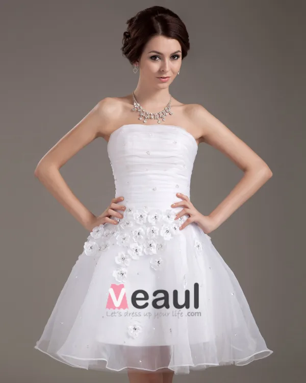 Sleeveless Mesh Satin Flowers Beading Short Mini Wedding Dresses