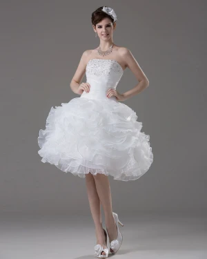 Longueur Genou Bretelles Volants Perles Mini Robe De Mariage De Fil Plisse