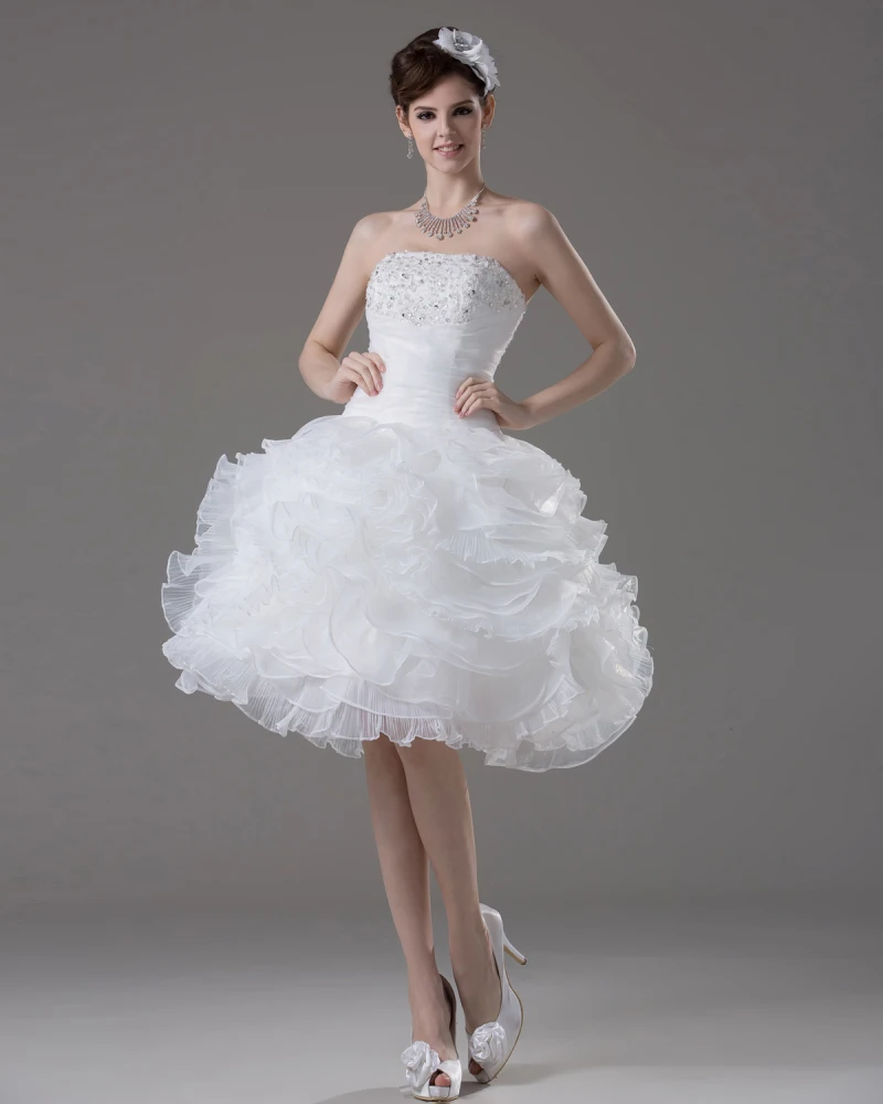 Stroppelos Knelange Ruffles Beading Plissert Garn Mini Brudekjoler Bryllupskjoler