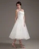 Aplikacje Sweetheart Satynowe Długie Plaza Herbaty Suknie Ślubne Krótkie Sukienki Ślubne