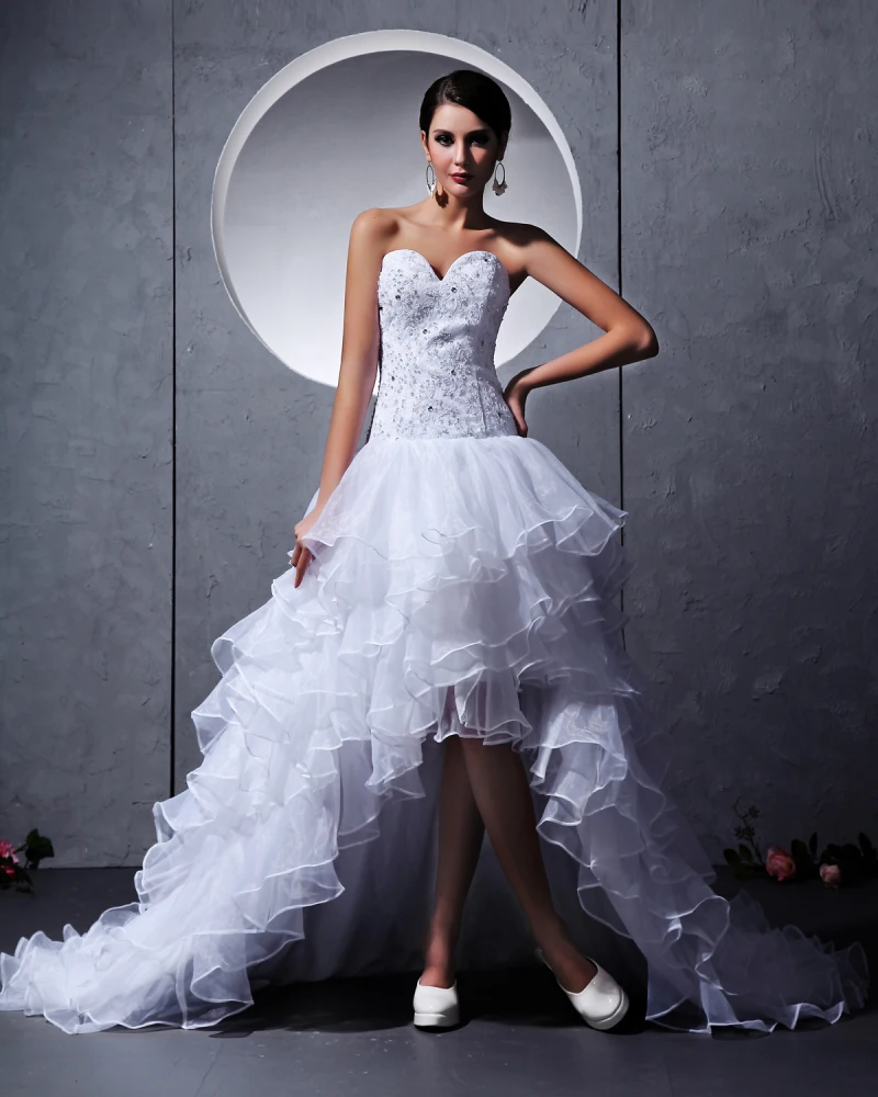 Tyll Beading Handlaget Blomst Kjaereste Asymmetriske Mini Brudekjoler Bryllupskjoler