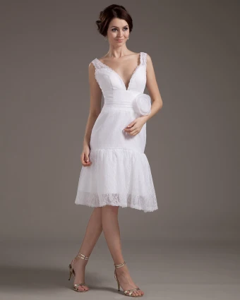 V Neck Lace Handmade Flower Mini Wedding Dresses