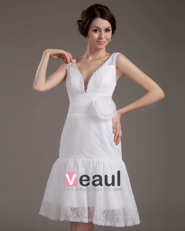 V-Neck Lace Handmade Flower Mini Wedding Dresses