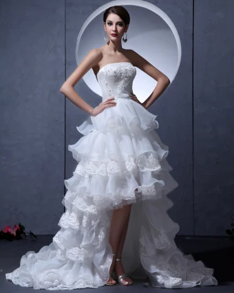 Yarn Asymmetric Strapless Ruffle Short Bridal Gown Wedding Dresses