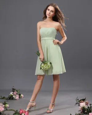 A Line Strapless Knee Length Chiffon Satin Bridesmaid Dress