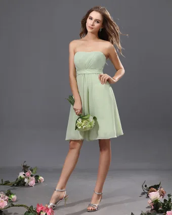 A Line Strapless Knee Length Chiffon Satin Bridesmaid Dress