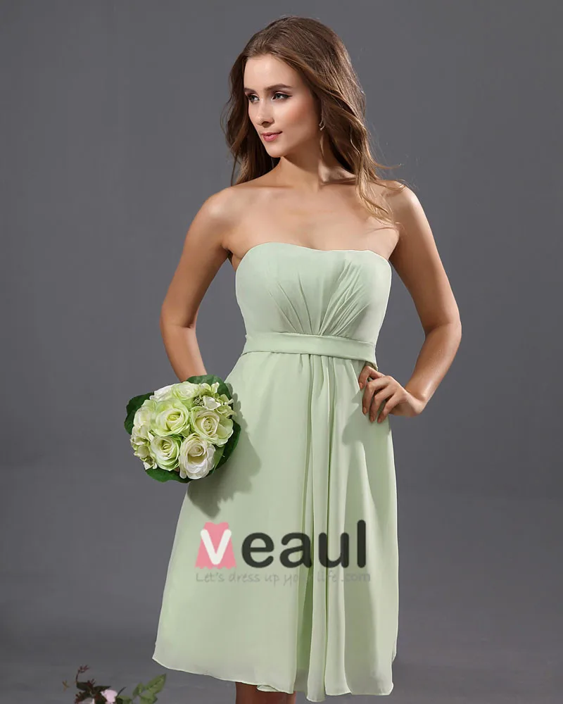 A Line Strapless Knee Length Chiffon Satin Bridesmaid Dress