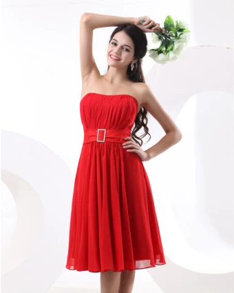 A Line Strapless Knee Length Satin Chiffon Bridesmaid Dress