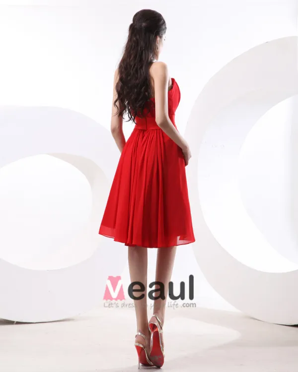 A-line Strapless Knee-Length Satin Chiffon Bridesmaid Dress