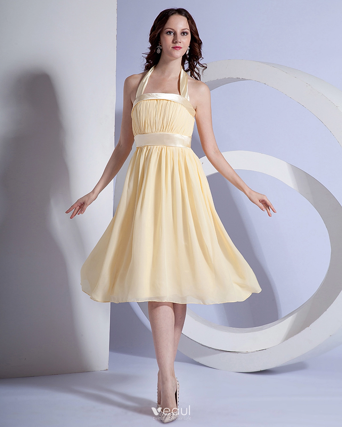 Yellow Chiffon Tea Length Dresses