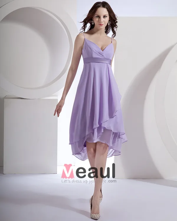 Chiffon Spaghetti Straps Tea Length Bridesmaid Dress Gown
