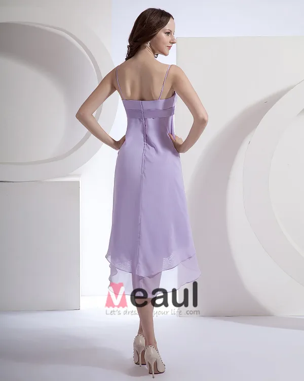 Chiffon Spaghetti Straps Tea Length Bridesmaid Dress Gown