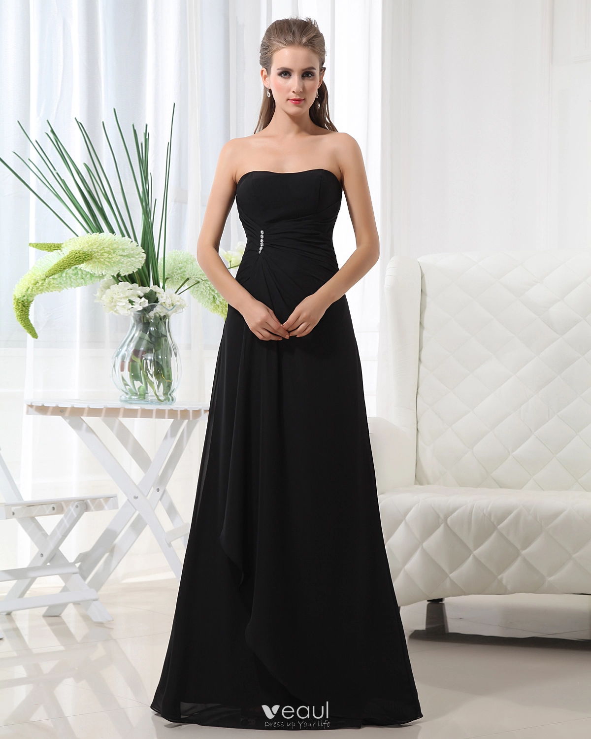 blue dress for baby girl Chic Black Short A-Line Chiffon Strapless Backless Bridesmaid Dress main image 0