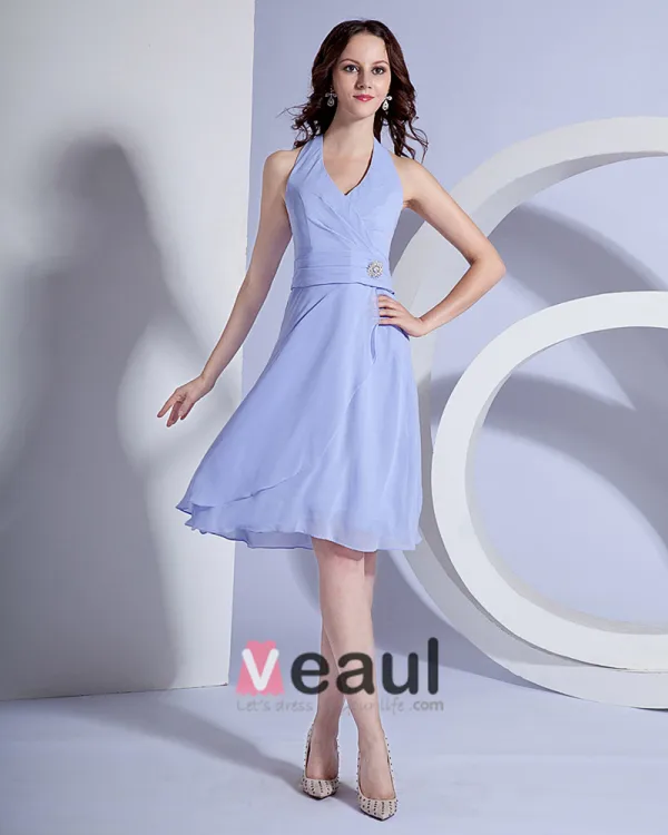 Ruffle Halter Knee Length Chiffon Bridesmaid Dress Gown