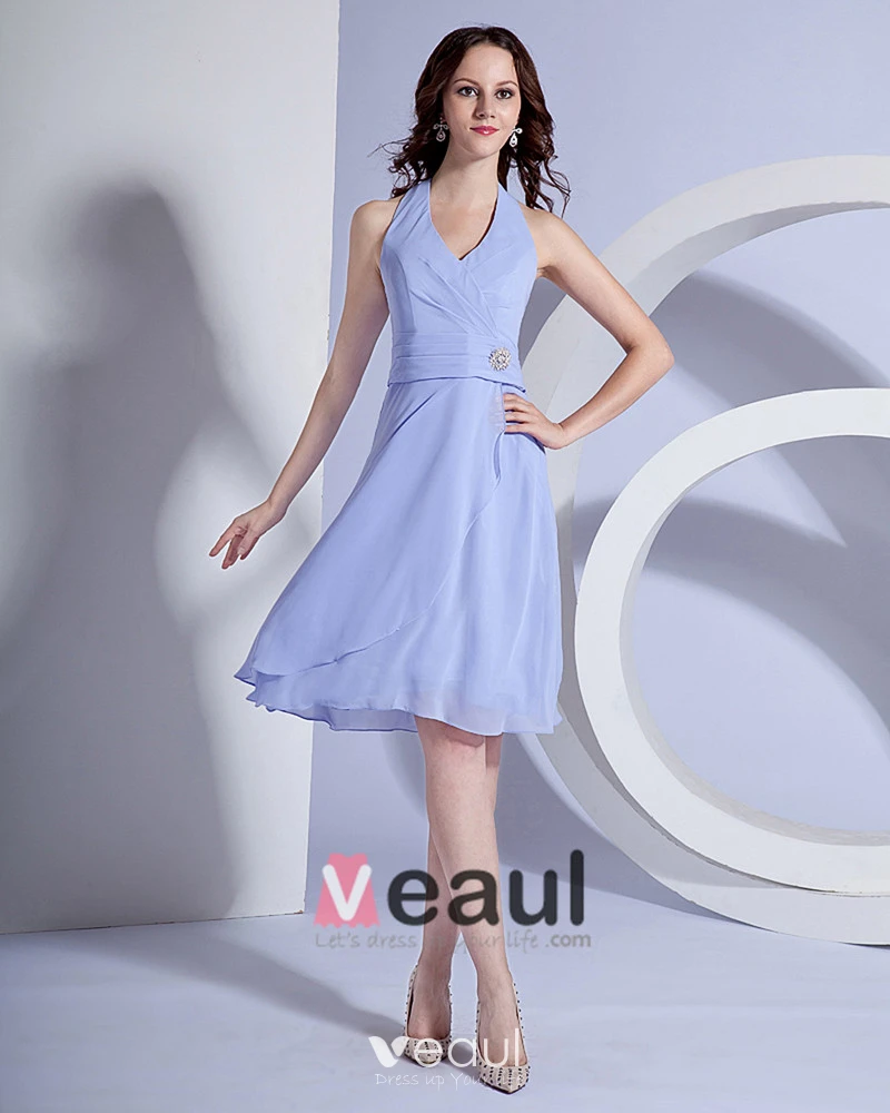 Ruffle Halter Knee Length Chiffon Bridesmaid Dress Gown