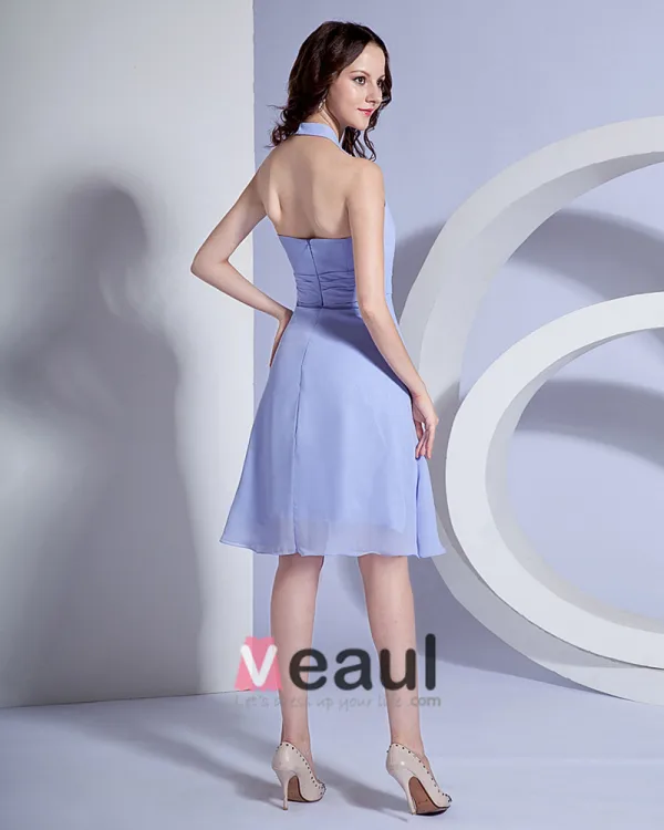 Ruffle Halter Knee Length Chiffon Bridesmaid Dress Gown