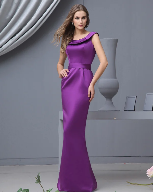 Satin Ruffle Rund Hals Gulv Lengde Brudepikekjoler