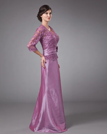 Beautiful V Neck Floor Length Taffeta Lace Bead Mothers Of Bride Dress