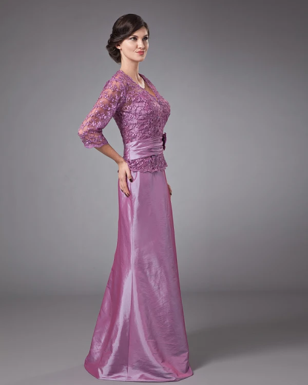 Vakre V Hals Gulv Lengde Taffeta Blonder Perle Modre Av Bruden Kjole