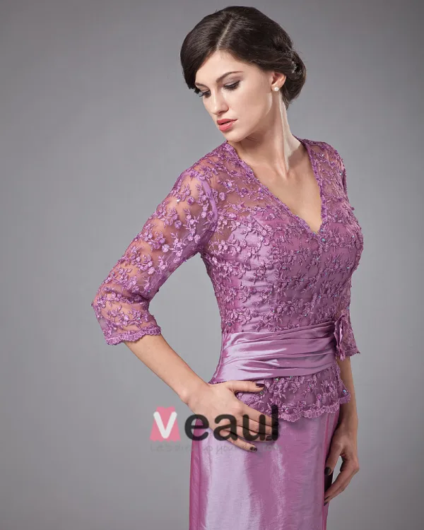 Beautiful V-Neck Floor Length Taffeta Lace Bead Mothers of Bride Dress