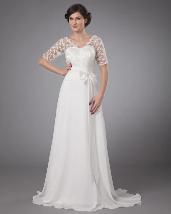 Chiffon Applique V Neck Ankle Length Wedding Dress