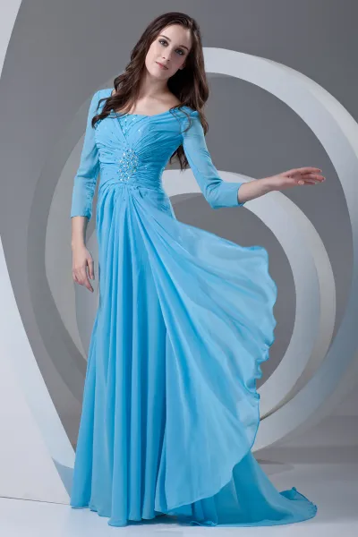 Square Beading Pleated Floor Length Chiffon Mother of the Bride Dress