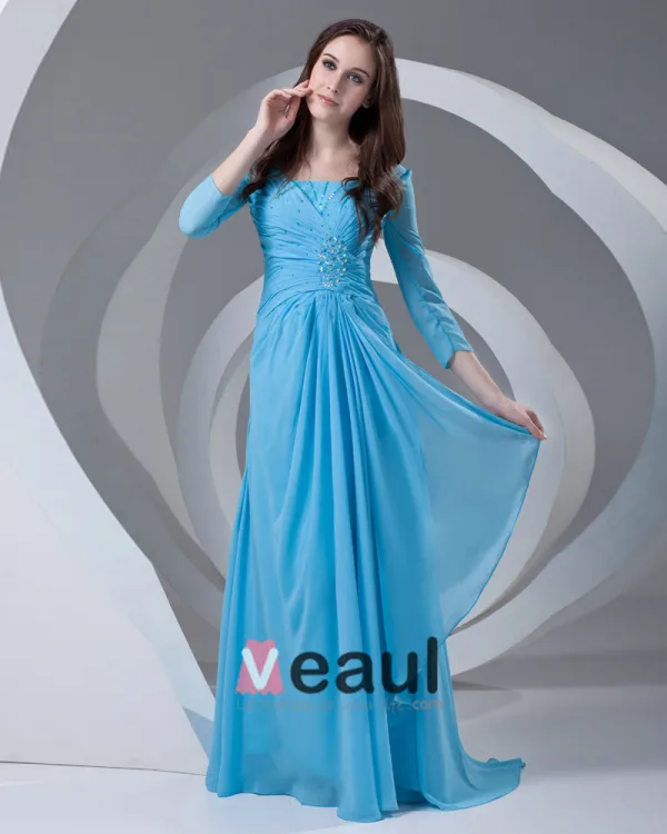 Square Beading Pleated Floor Length Chiffon Mother of the Bride Dress